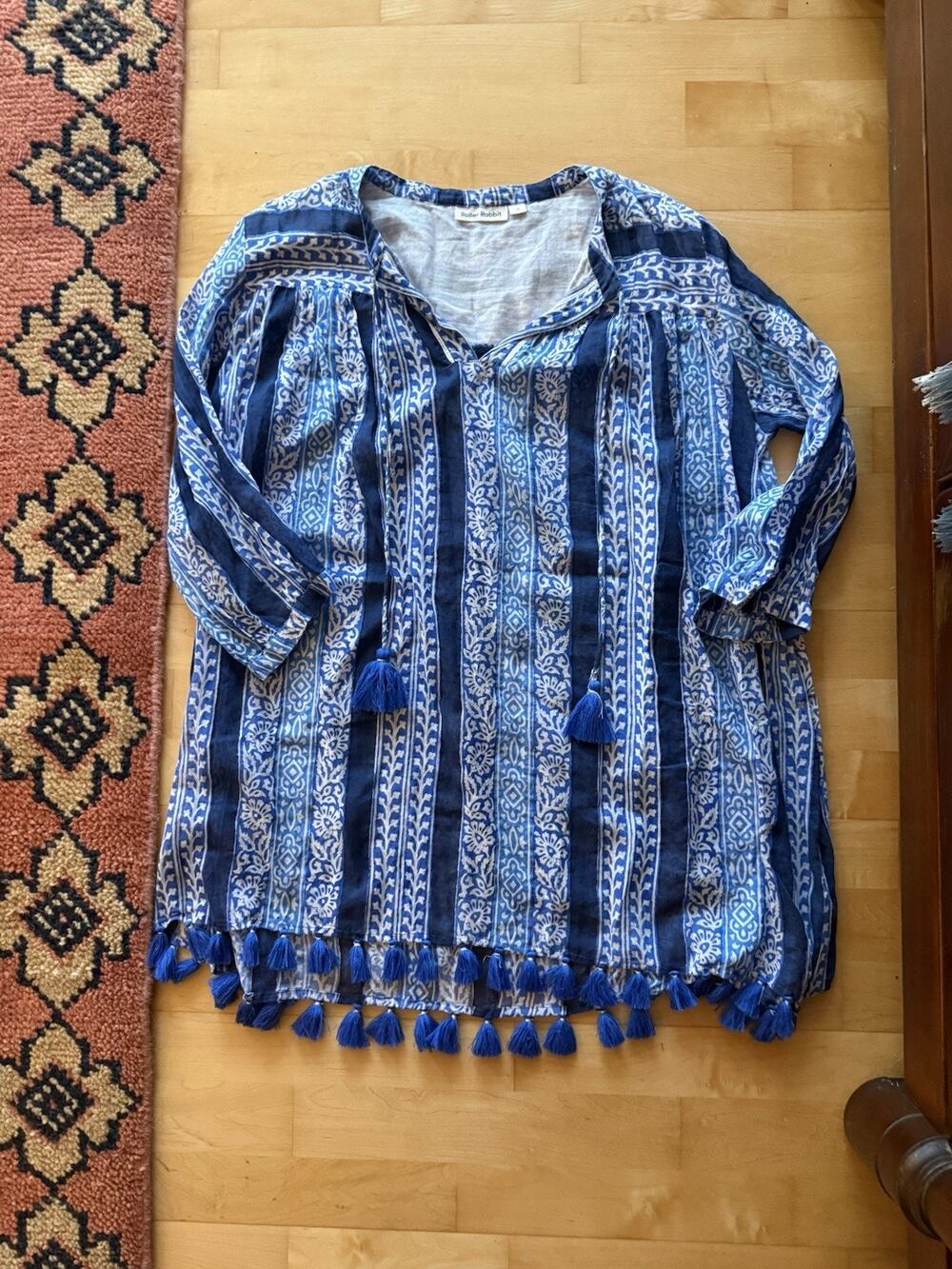 Roller Rabbit Blue Print Mini Kaftan Fringe Tassel Dress Coverup M